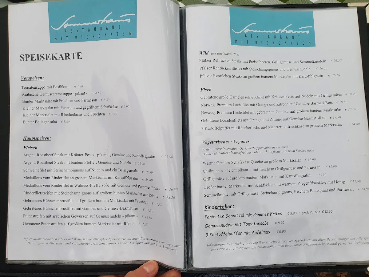 Speisekarte, Restaurant SOMMERHAUS