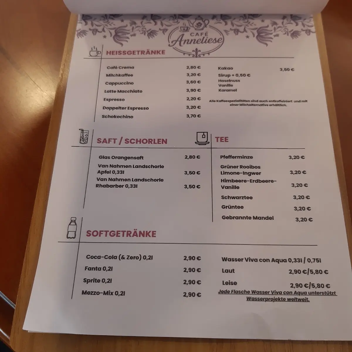 Speisekarte, Cafè Anneliese