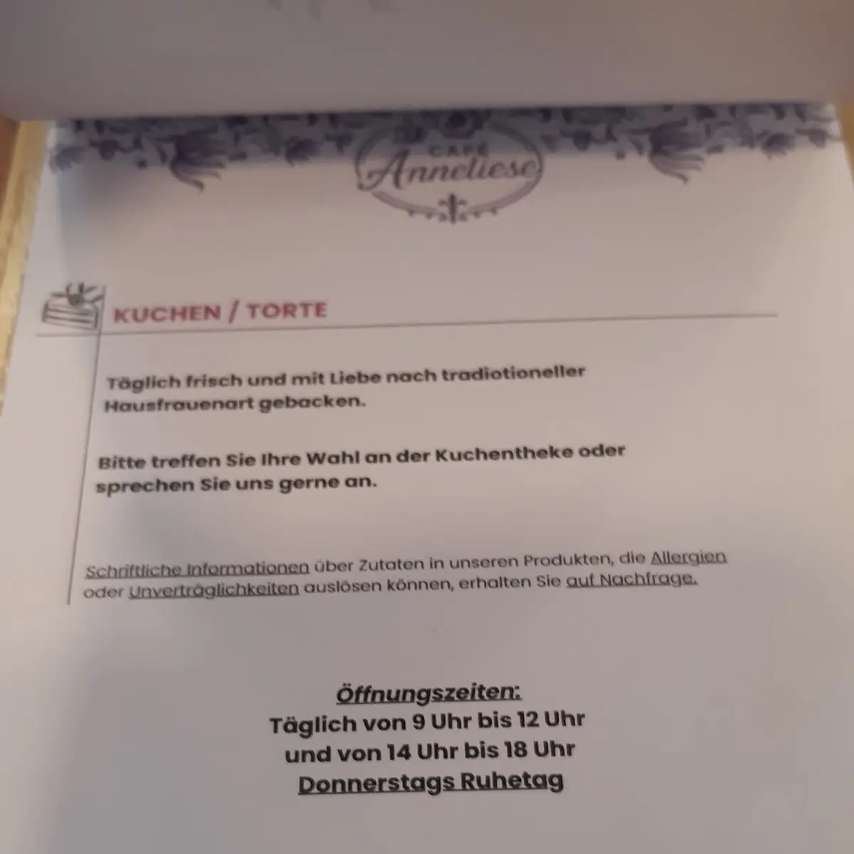 Speisekarte, Cafè Anneliese