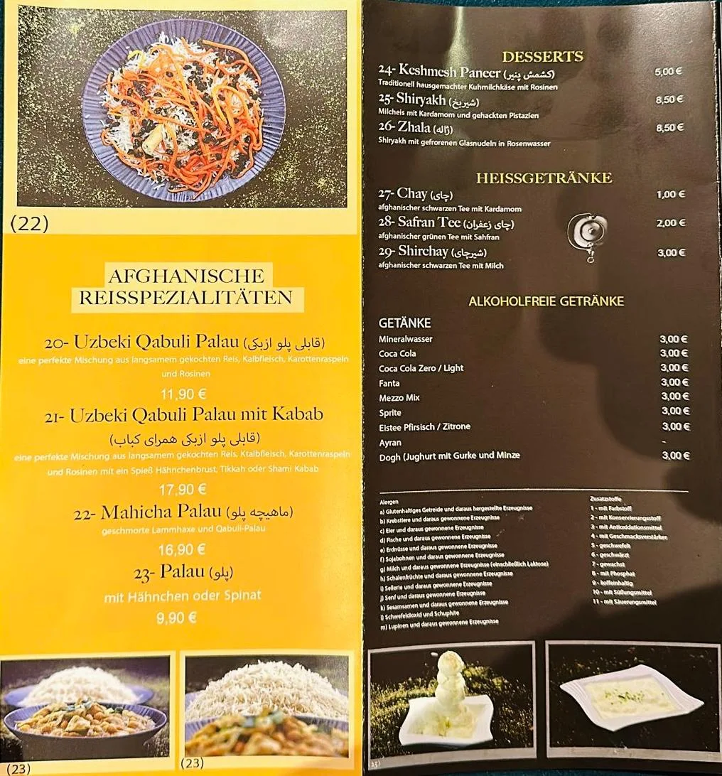 Speisekarte, NAAN DAGH KABAB DAGH – Afghanisches Restaurant