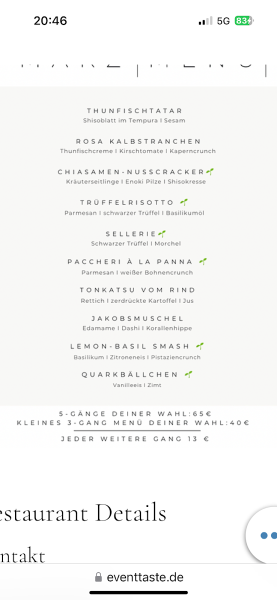 Speisekarte, Event Taste Restaurant