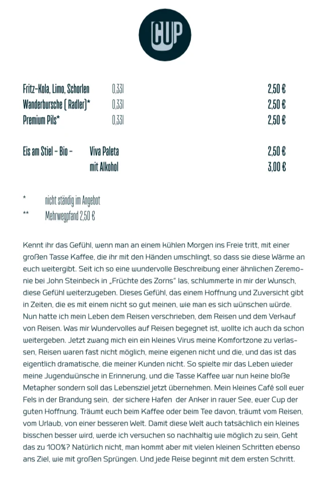 Speisekarte, Cup der guten Hoffnung
