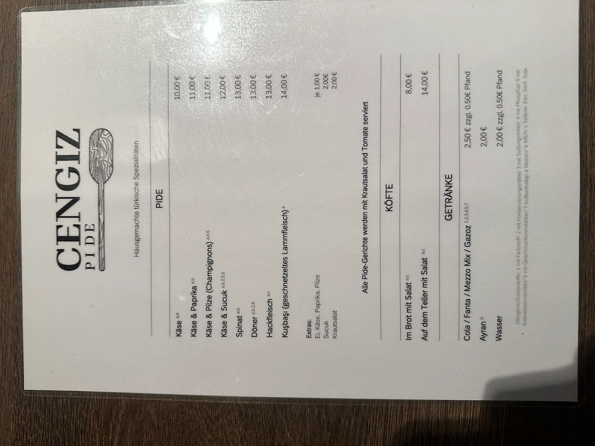 Speisekarte, Cengiz Pide-Kebap Haus