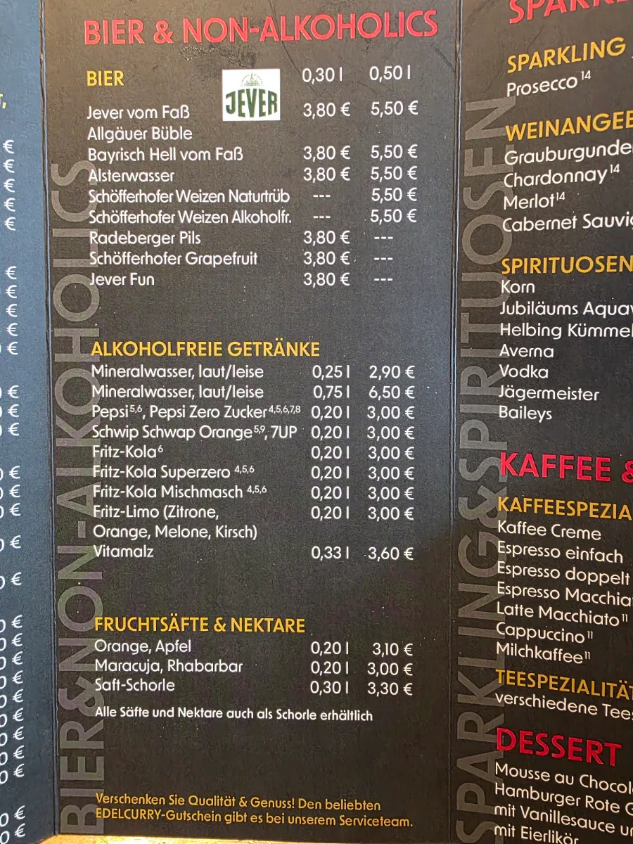 Speisekarte, Edelcurry