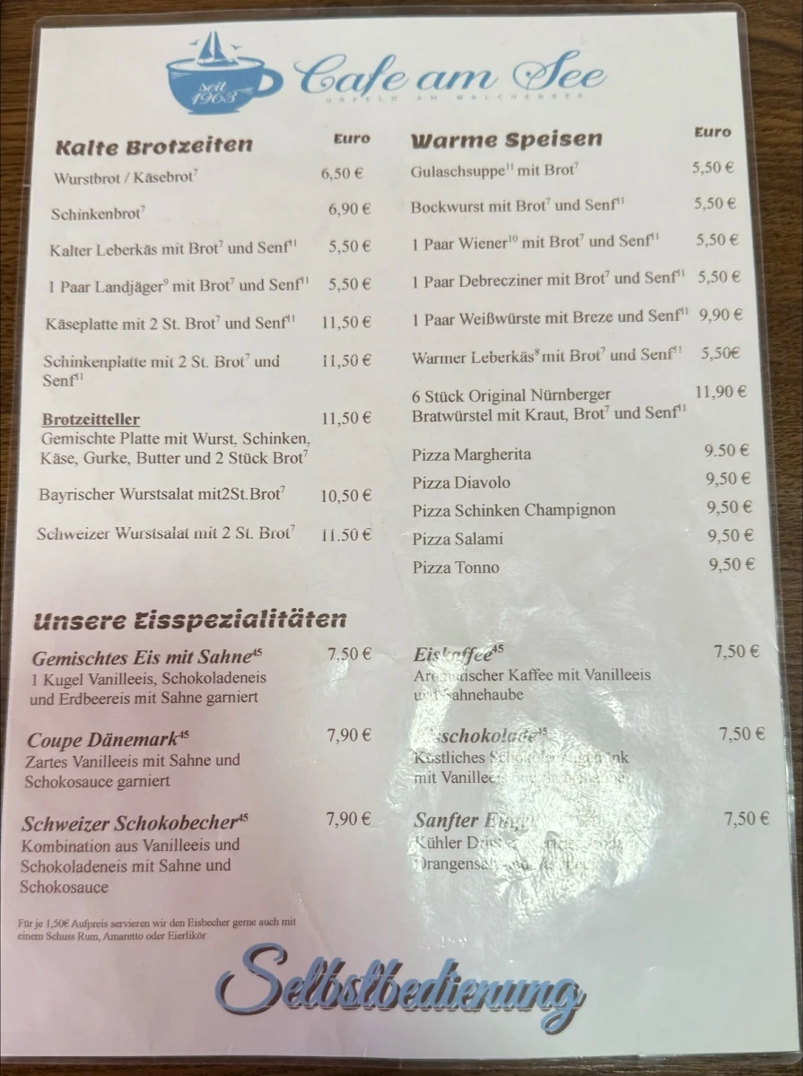 Speisekarte, Cafe am See