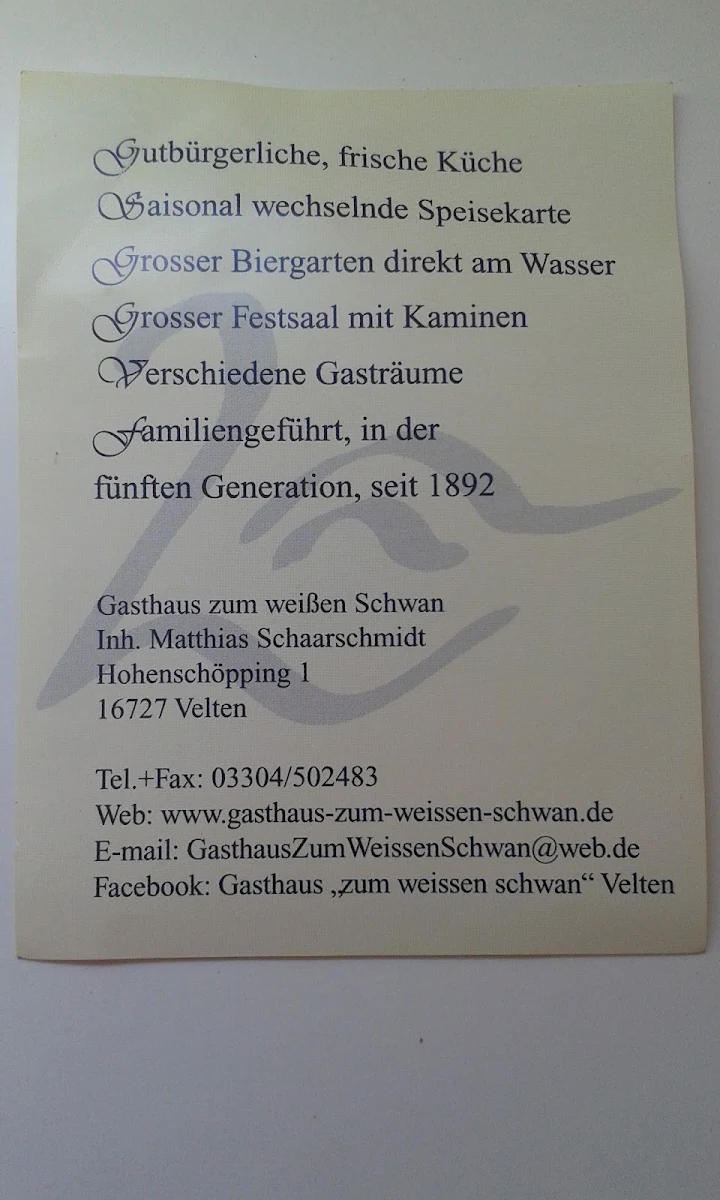 Speisekarte, Gasthaus zum Weissen Schwan