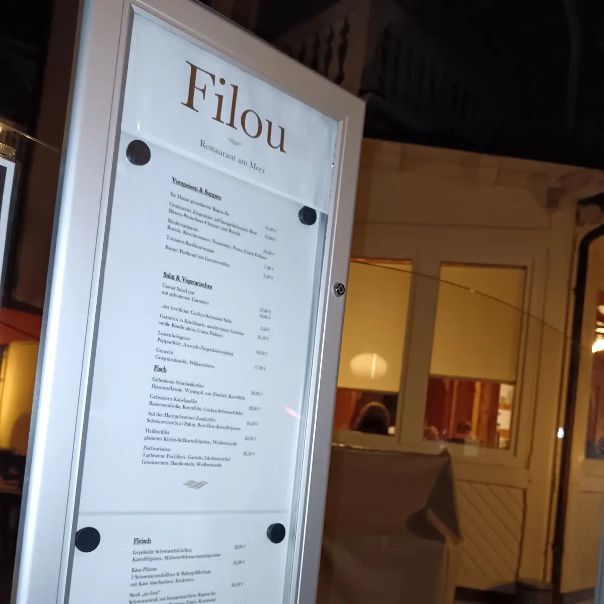 Speisekarte, Filou Restaurant am Meer