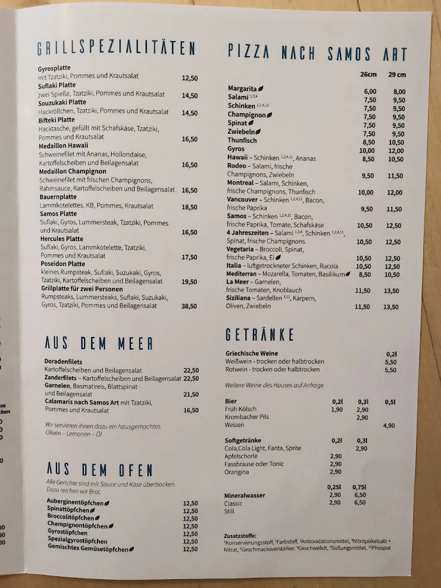 Speisekarte, Taverne Samos