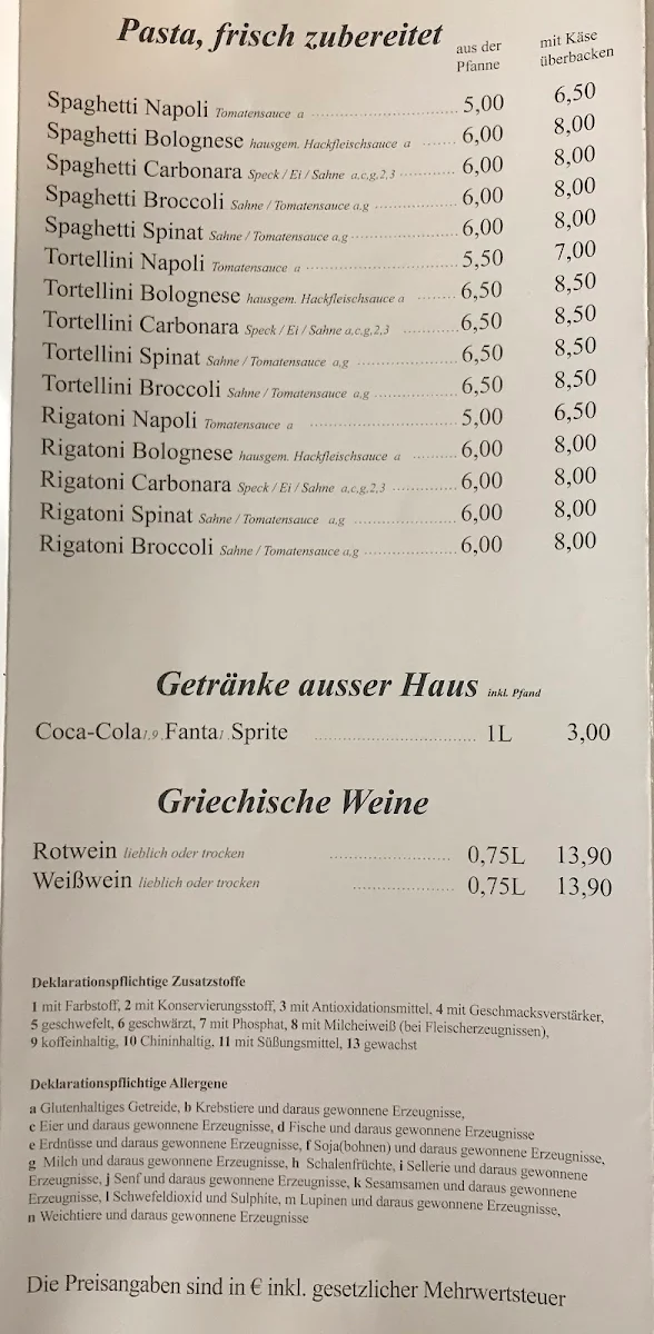 Speisekarte, Taverne Samos