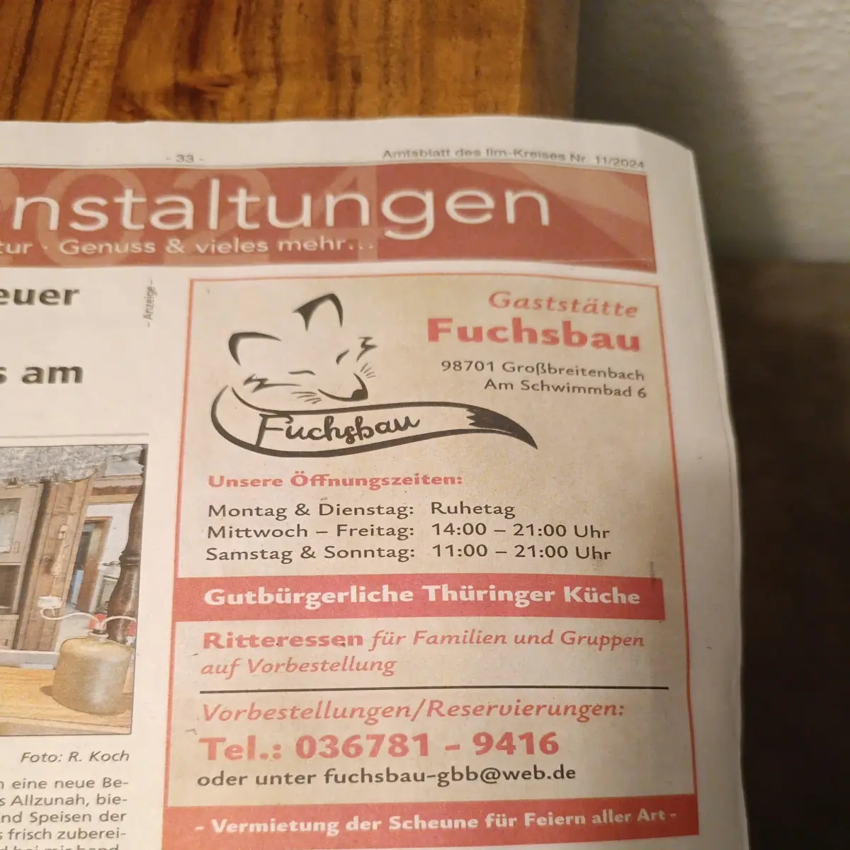 Speisekarte, Gaststätte Fuchsbau