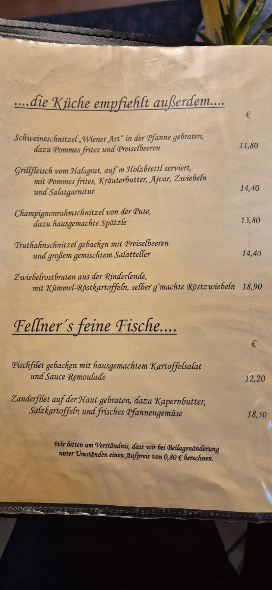 Speisekarte, Gasthaus Fellner "Zur Post"