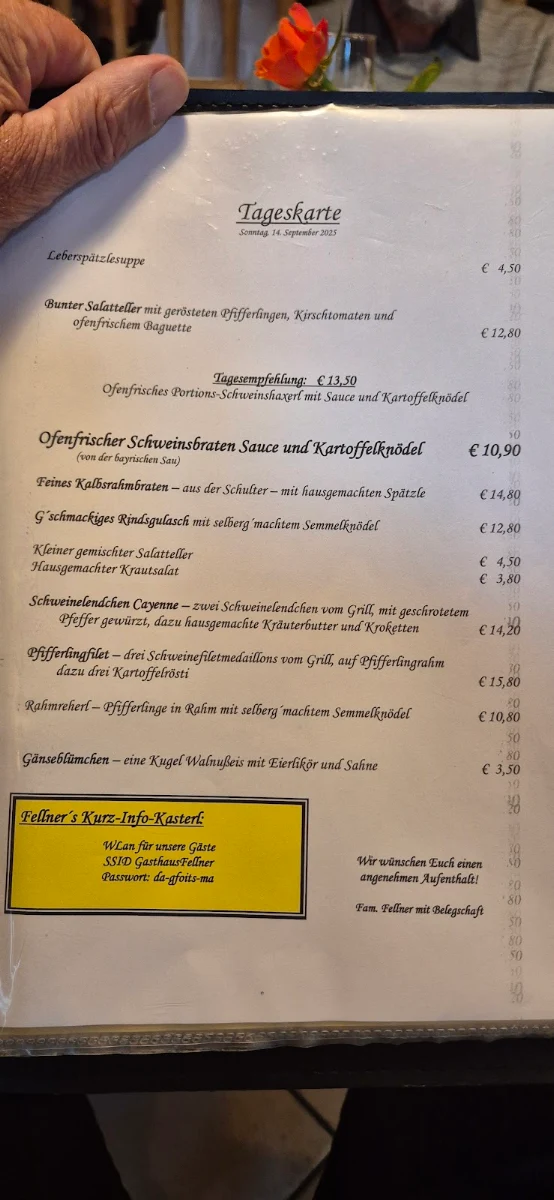 Speisekarte, Gasthaus Fellner "Zur Post"