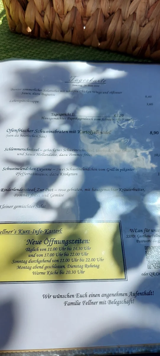 Speisekarte, Gasthaus Fellner "Zur Post"