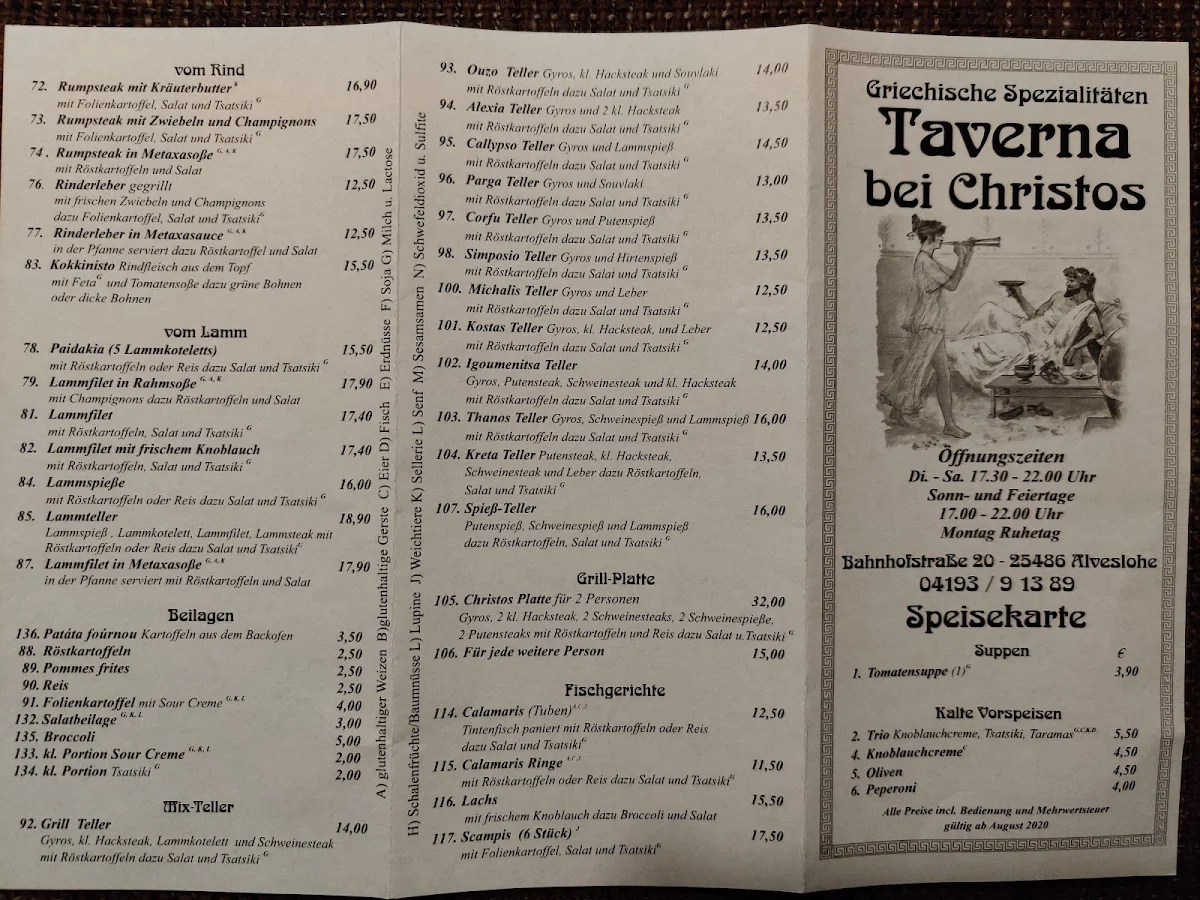 Speisekarte, Taverna bei Christos