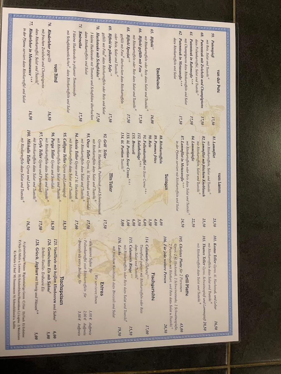 Speisekarte, Taverna bei Christos