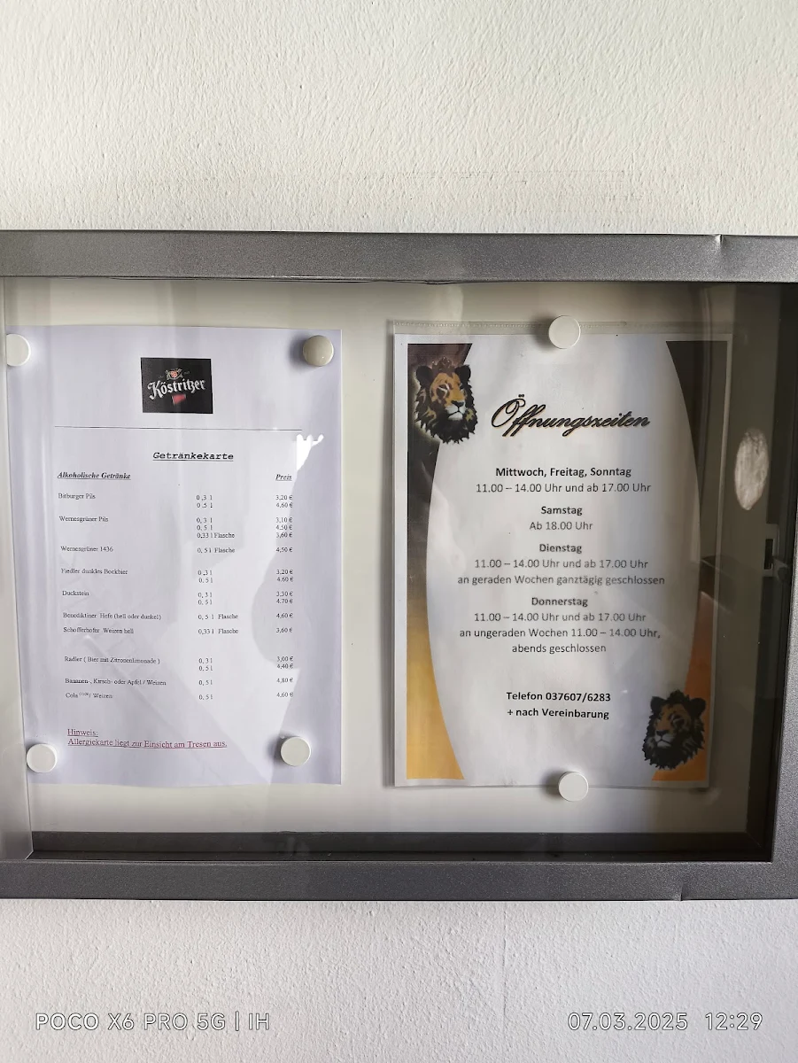 Speisekarte, Gaststätte Zum Löwen