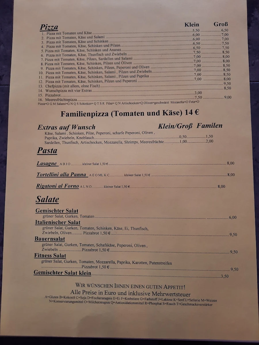 Speisekarte, Pizza und Grill