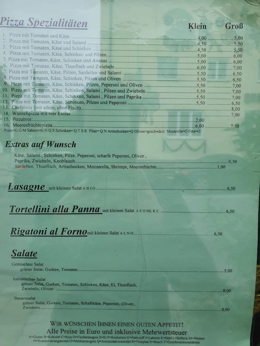 Speisekarte, Pizza und Grill