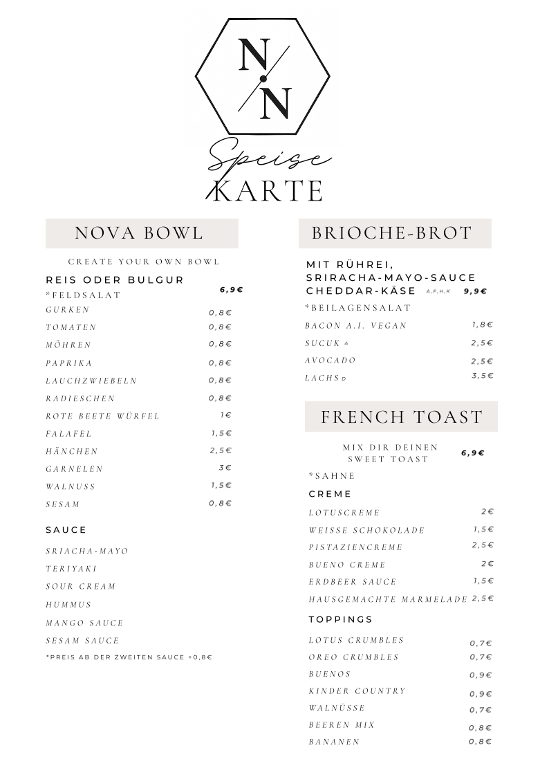 Speisekarte, Nova Brunch&Bar