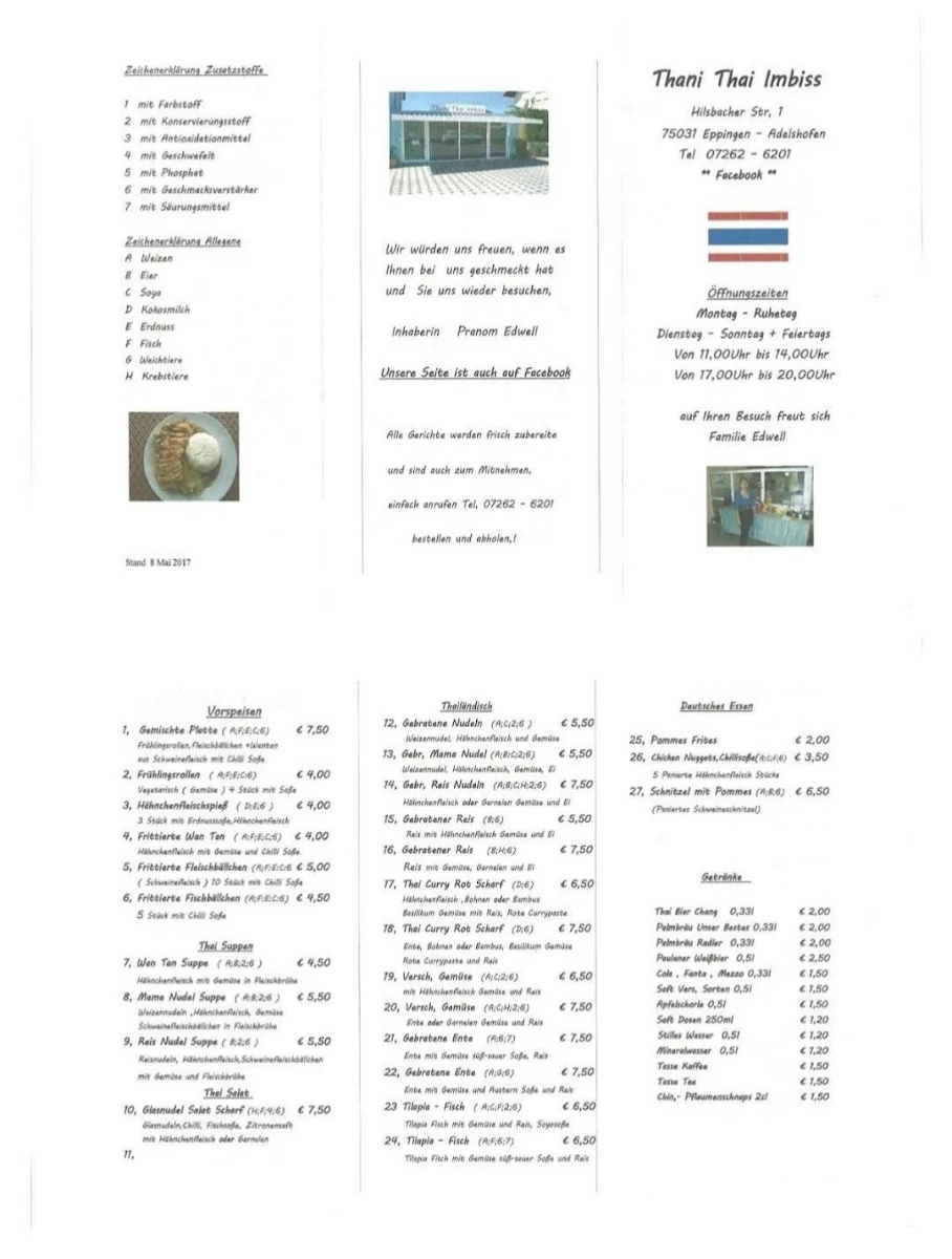 Speisekarte, Thani Thai Imbiss