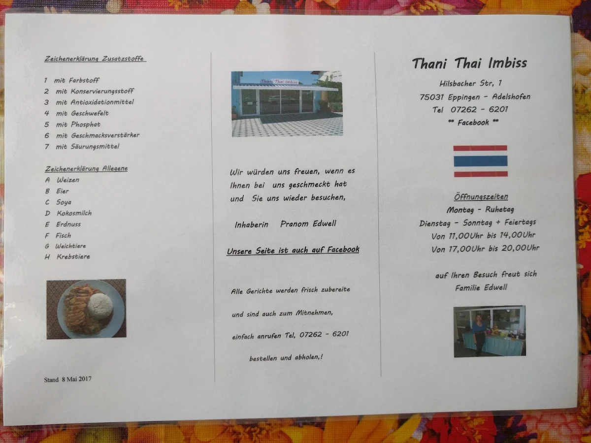 Speisekarte, Thani Thai Imbiss