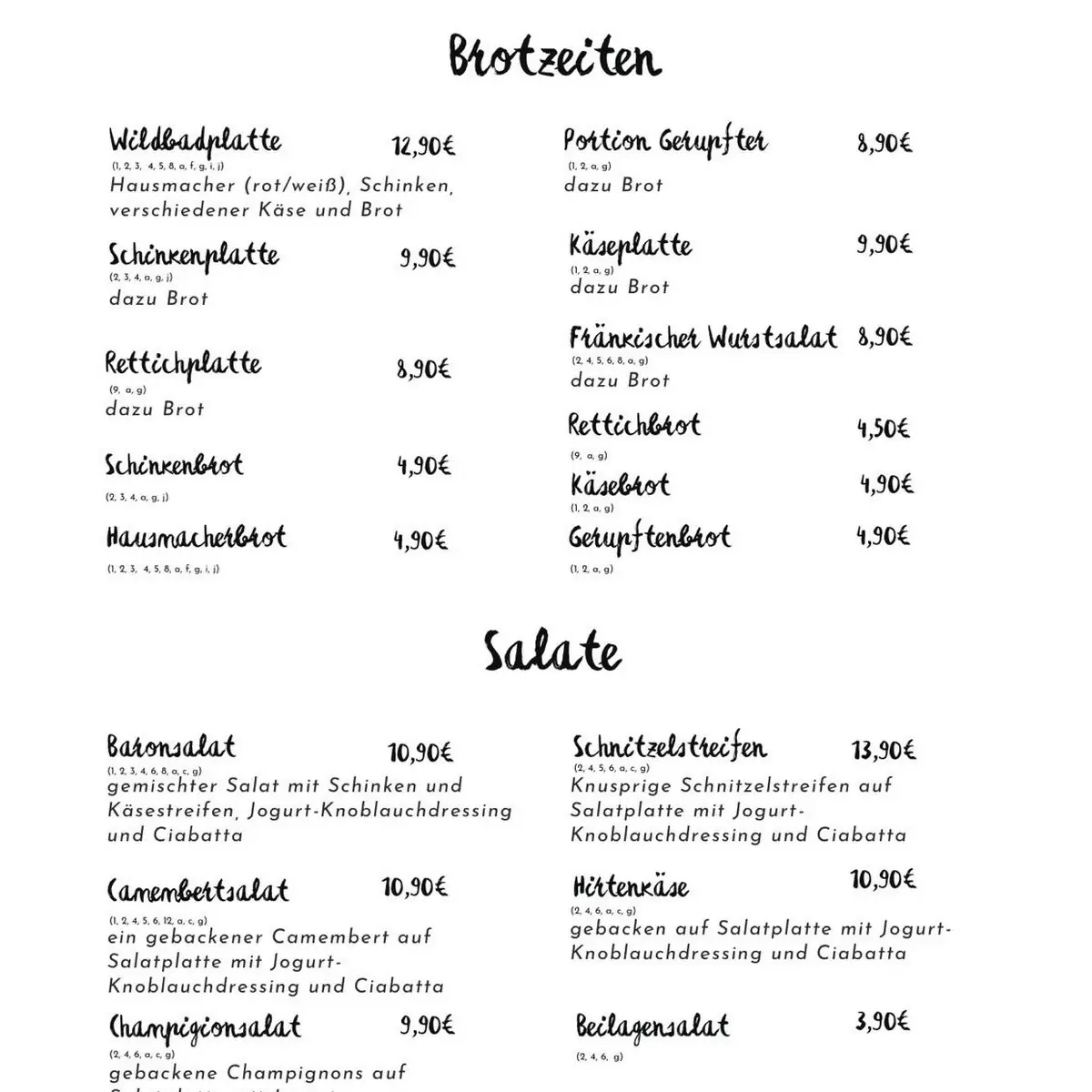 Speisekarte, Biergarten "Zur Benediktiner-Quelle" - Baron