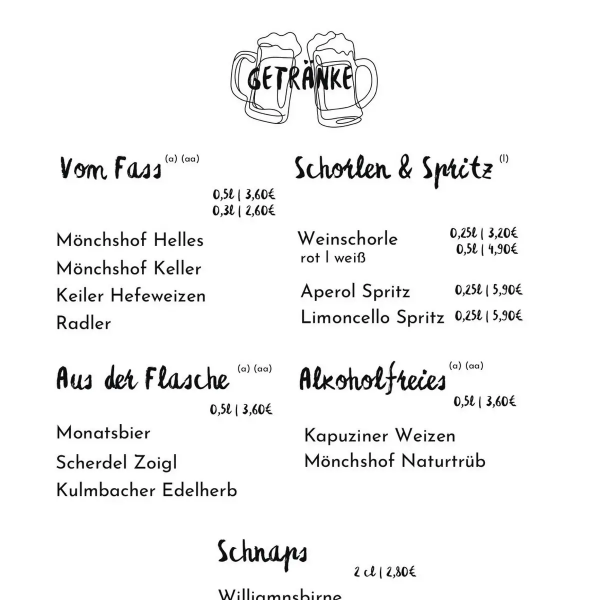 Speisekarte, Biergarten "Zur Benediktiner-Quelle" - Baron
