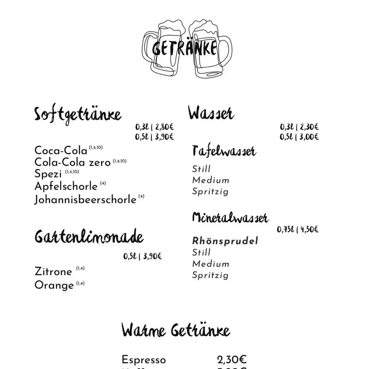Speisekarte, Biergarten "Zur Benediktiner-Quelle" - Baron