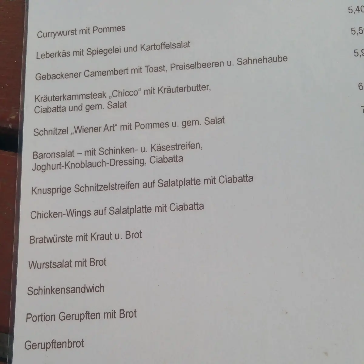 Speisekarte, Biergarten "Zur Benediktiner-Quelle" - Baron