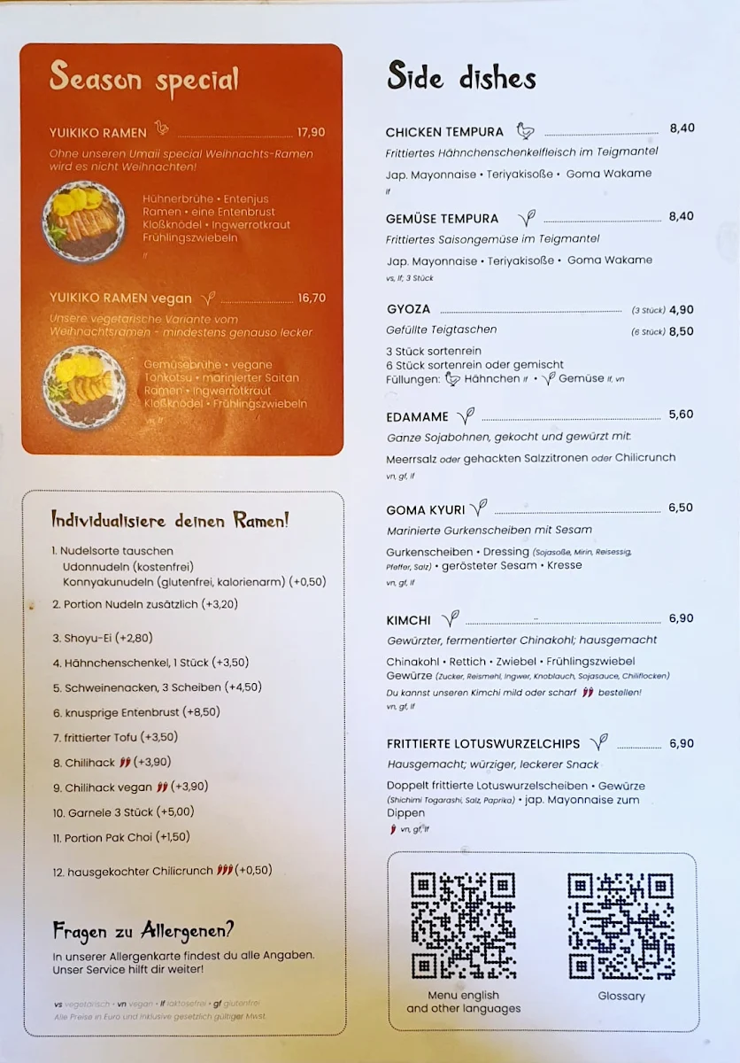 Speisekarte, Umaii Ramenbar Leipzig
