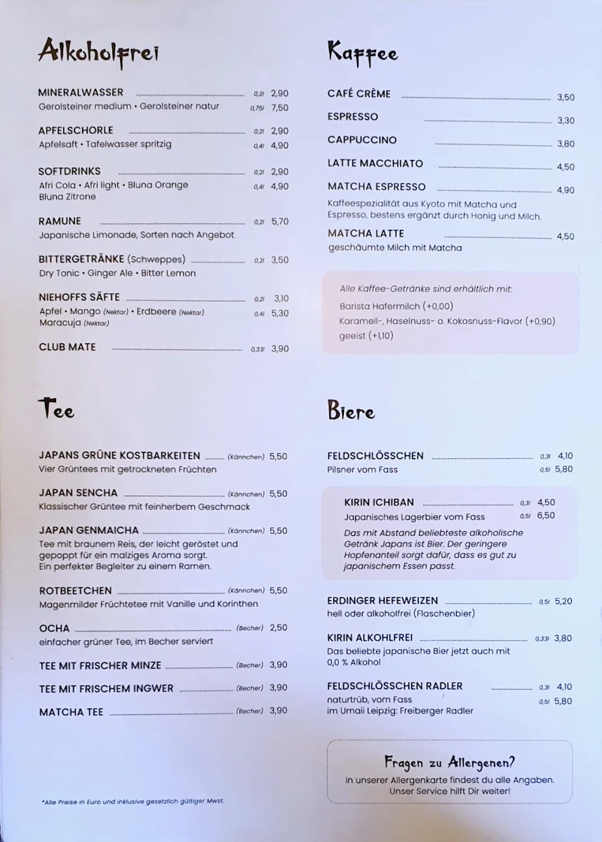 Speisekarte, Umaii Ramenbar Leipzig