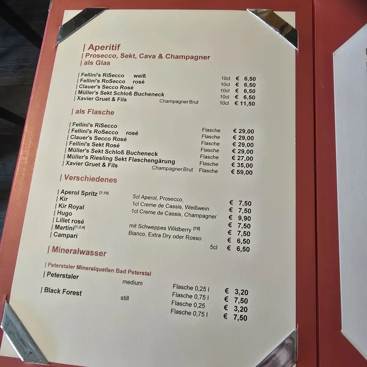 Speisekarte, Restaurant Hotel FELDERBOCK