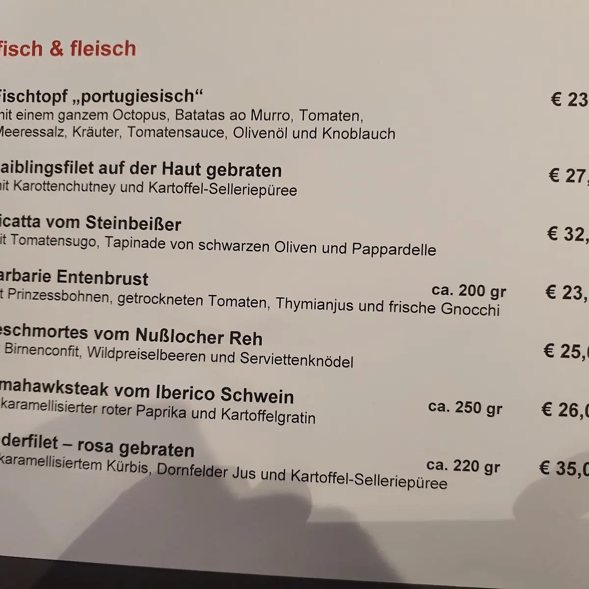 Speisekarte, Restaurant Hotel FELDERBOCK