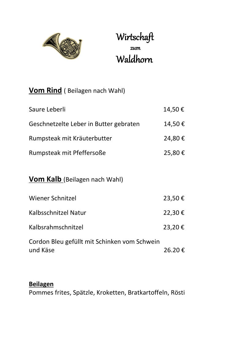 Speisekarte, Wirtschaft zum Waldhorn