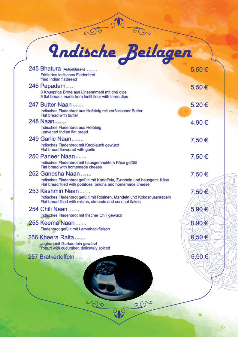 Speisekarte, Ganesha indisches Restaurant