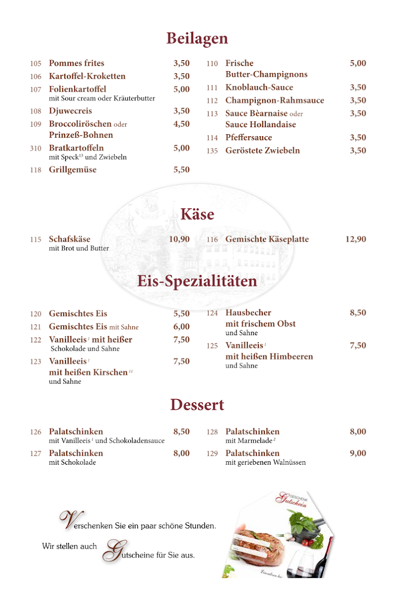 Speisekarte, Restaurant »Am Hexenturm« & Hotel