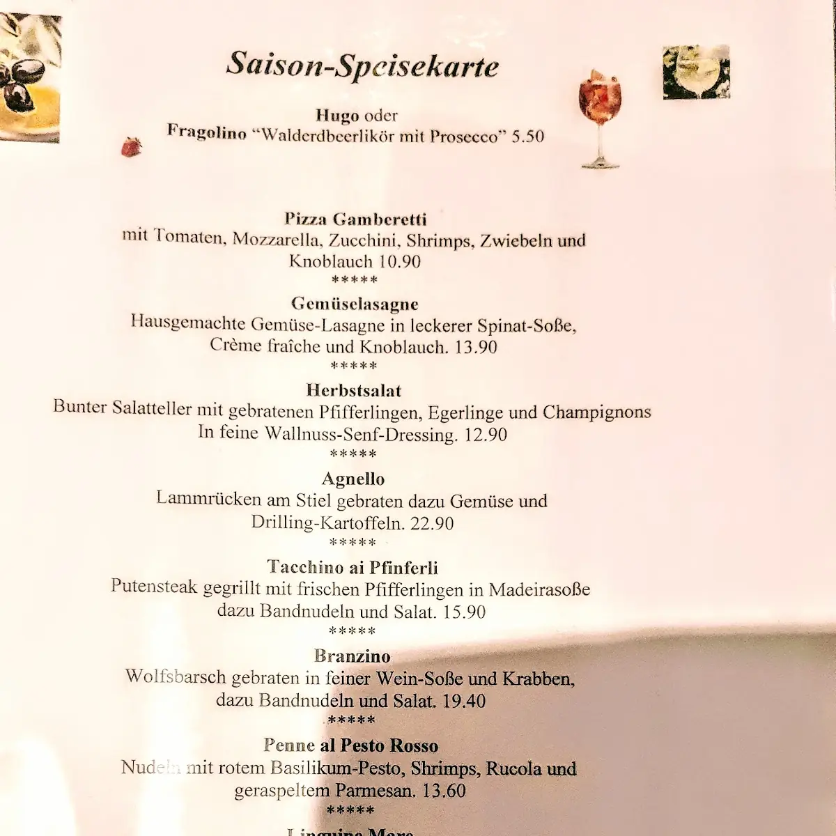 Speisekarte, Ristorante Vivere