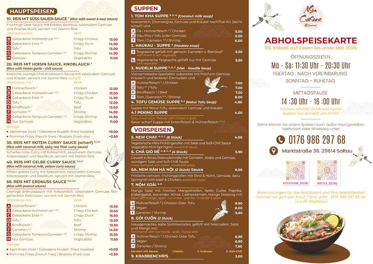 Speisekarte, Asia Cuisine Soltau & Meitea