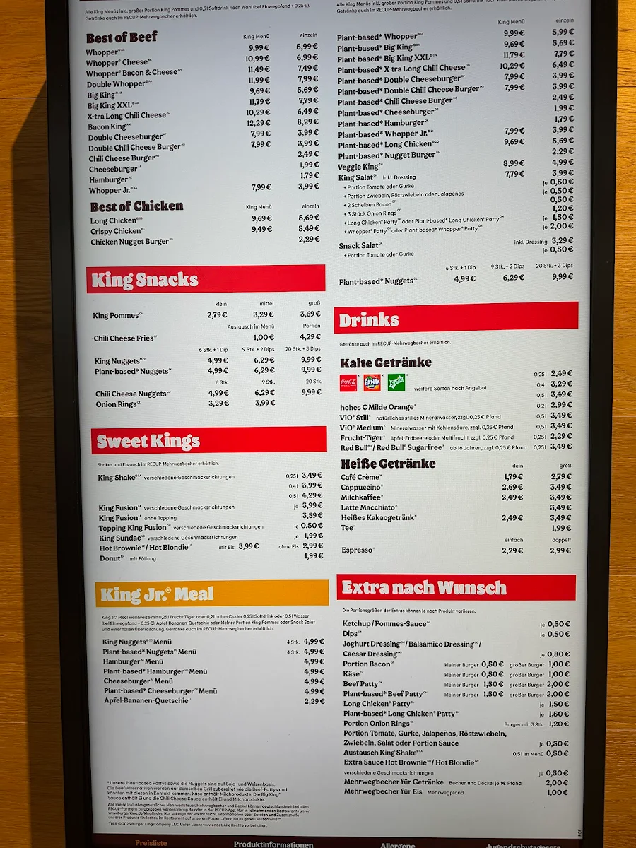Speisekarte, Burger King Verden