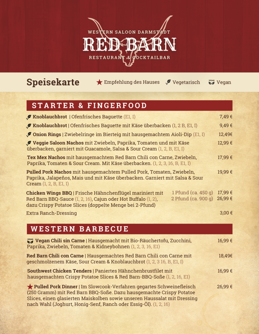 Speisekarte, Red Barn | Western BBQ Restaurant