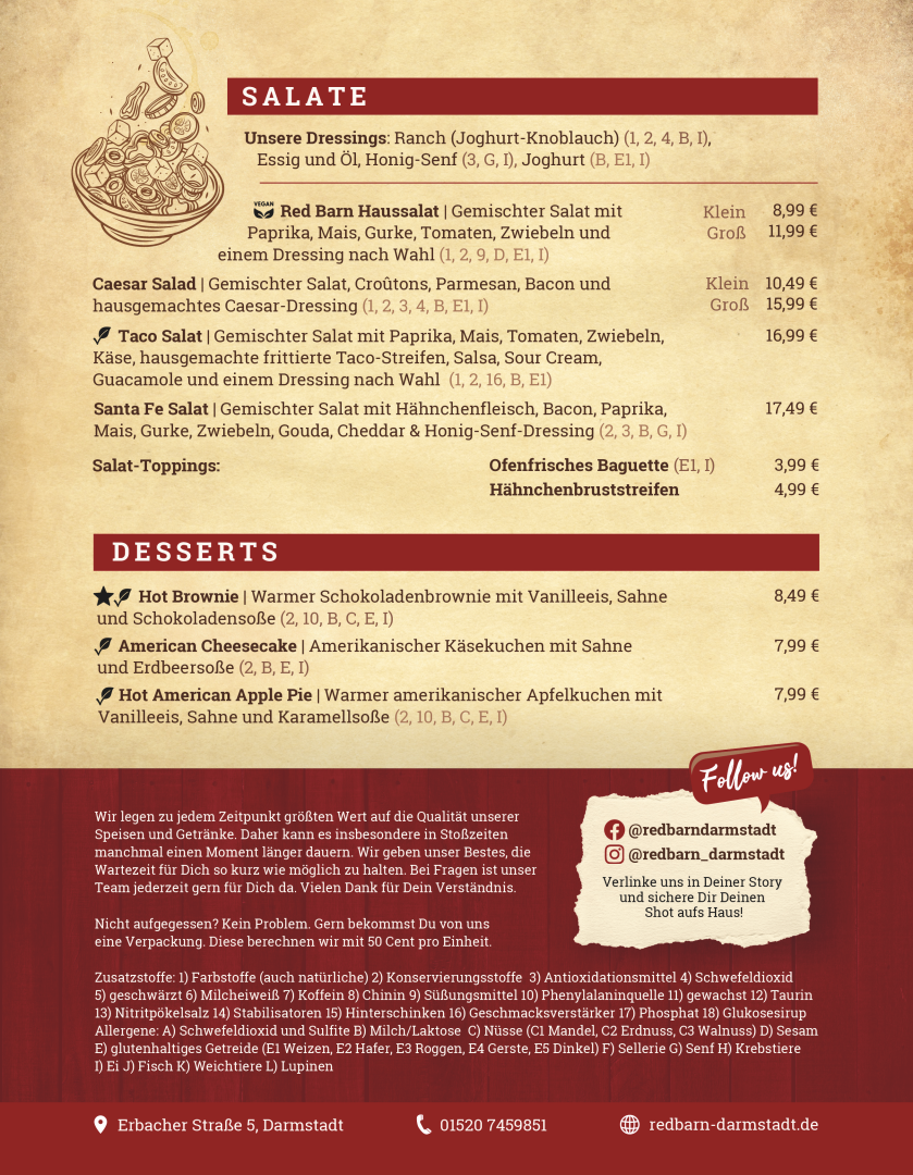 Speisekarte, Red Barn | Western BBQ Restaurant