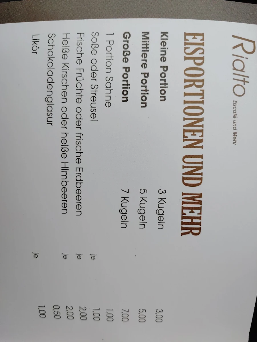 Speisekarte, Rialto Eiscafe`und Mehr
