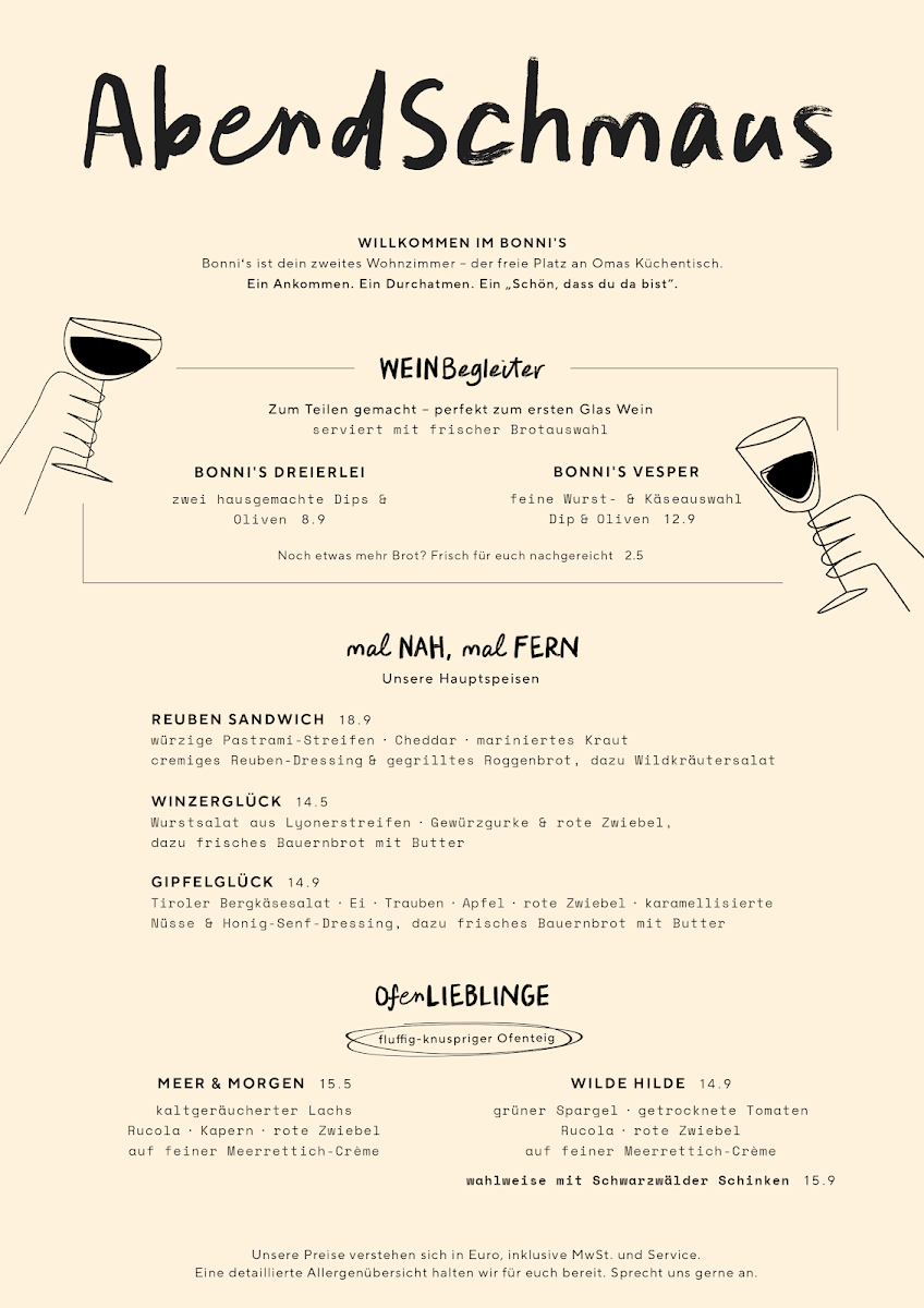 Speisekarte, Bonni's Weinbar & Brasserie