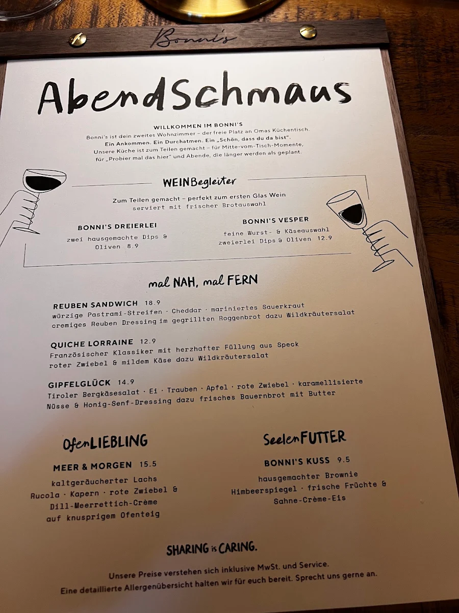 Speisekarte, Bonni's Weinbar & Brasserie