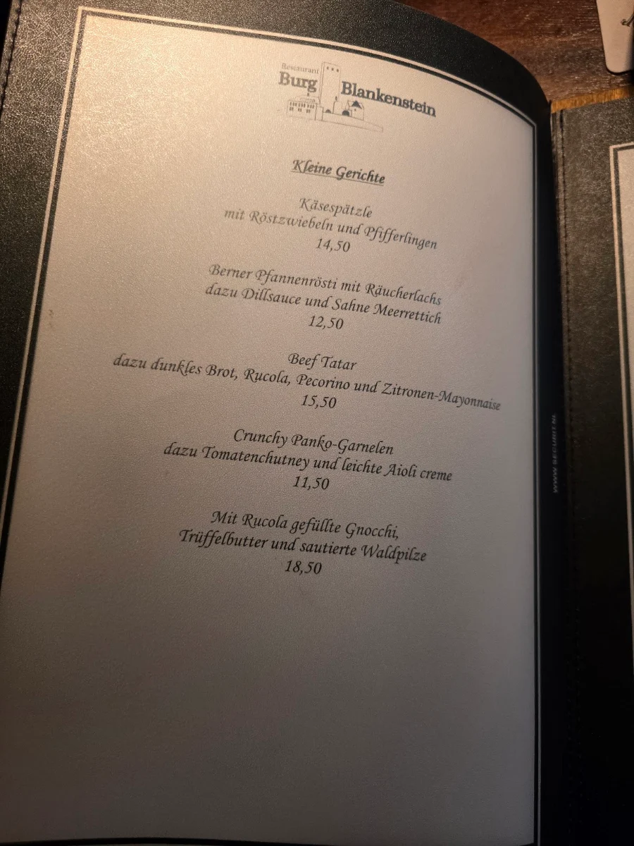Speisekarte, Restaurant Burg Blankenstein