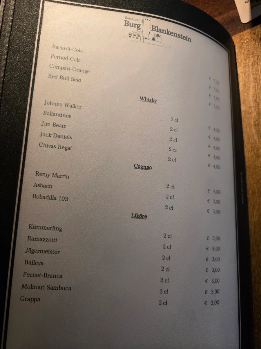 Speisekarte, Restaurant Burg Blankenstein