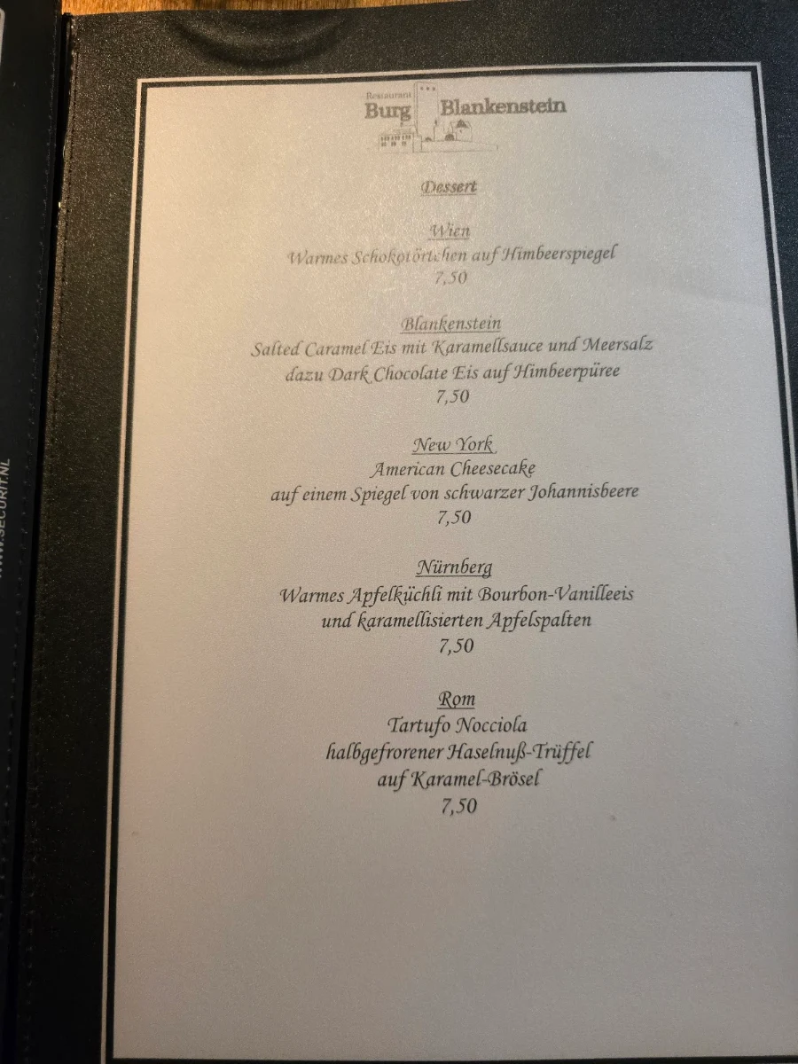 Speisekarte, Restaurant Burg Blankenstein