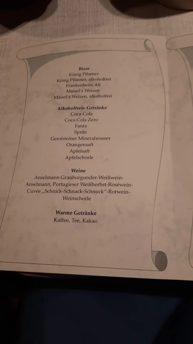 Speisekarte, Restaurant Burg Blankenstein