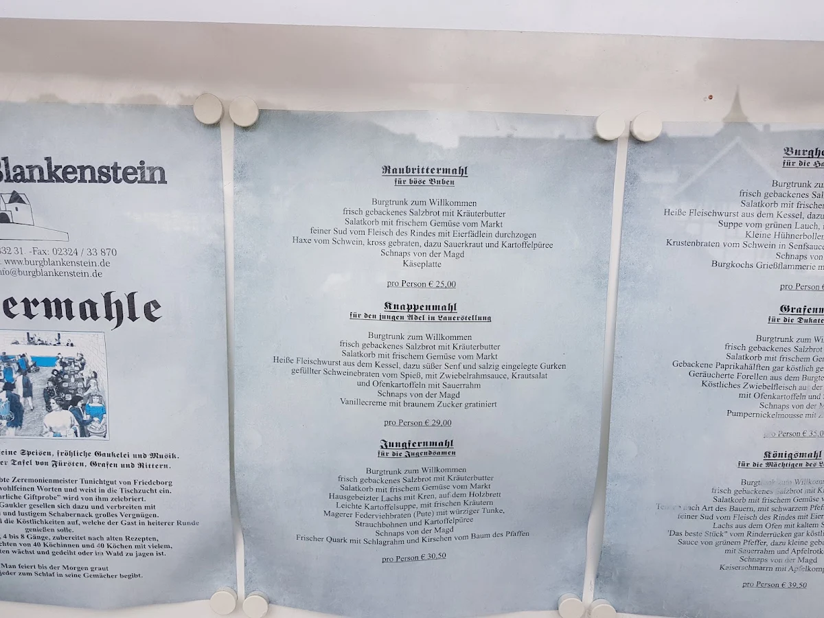 Speisekarte, Restaurant Burg Blankenstein