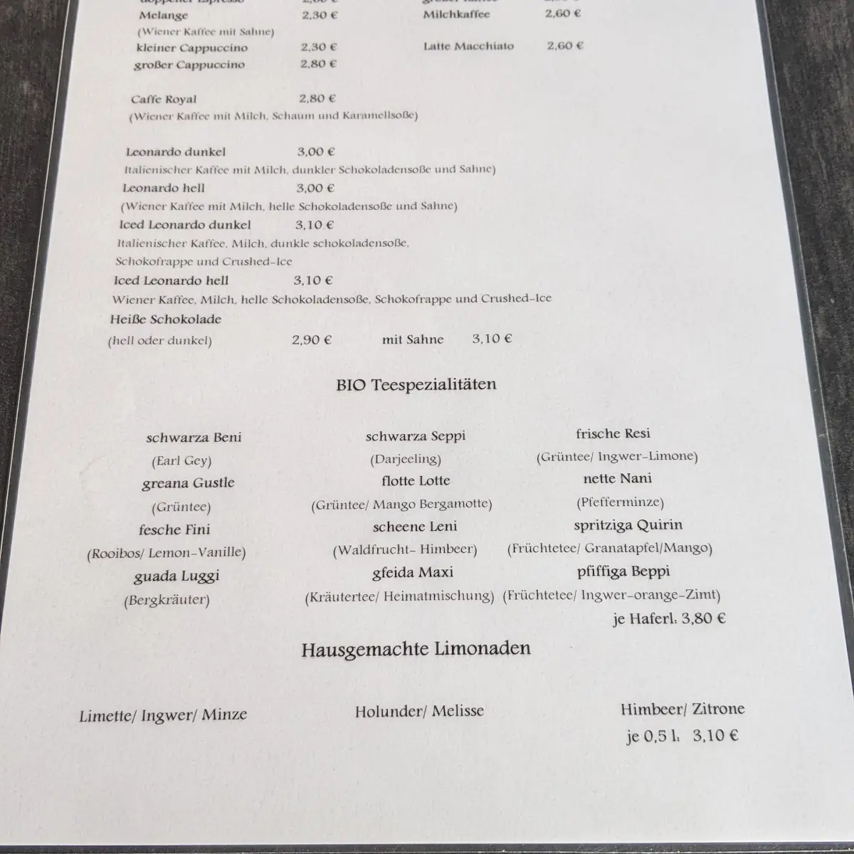 Speisekarte, Bäckerei Kalik
